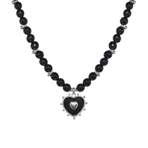Black Onyx Silver Necklace - Enamel Heart