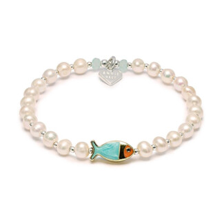 Pisces Fish Blue  Pearl Bracelet - Mixed Metals