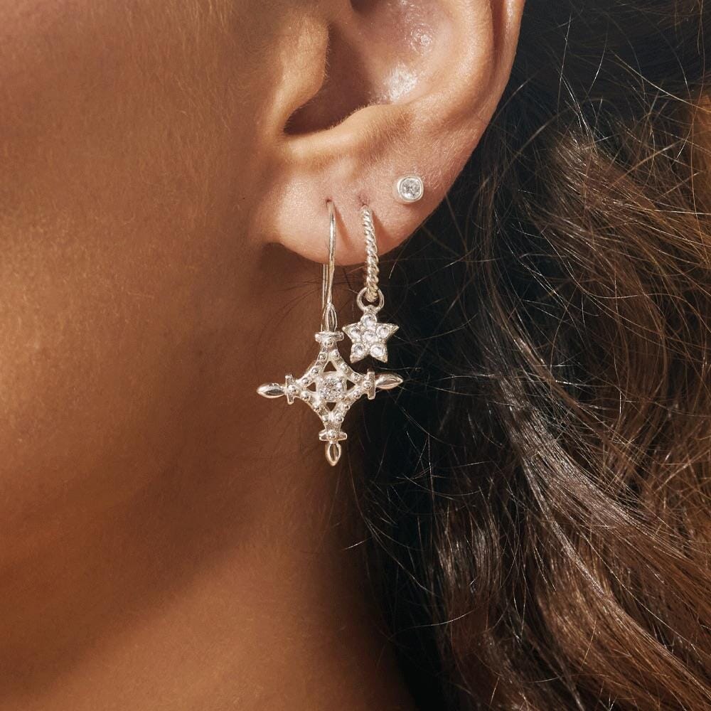 Tali Star Silver Hoop Earrings - Clear Crystal