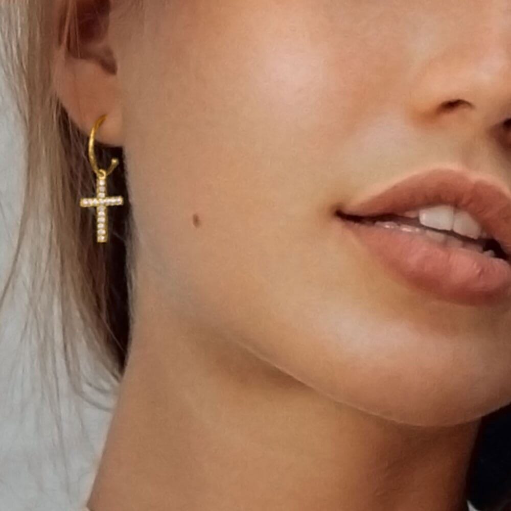 Outlet NU & MII Clear Sparkle Hoop Cross Gold Earrings