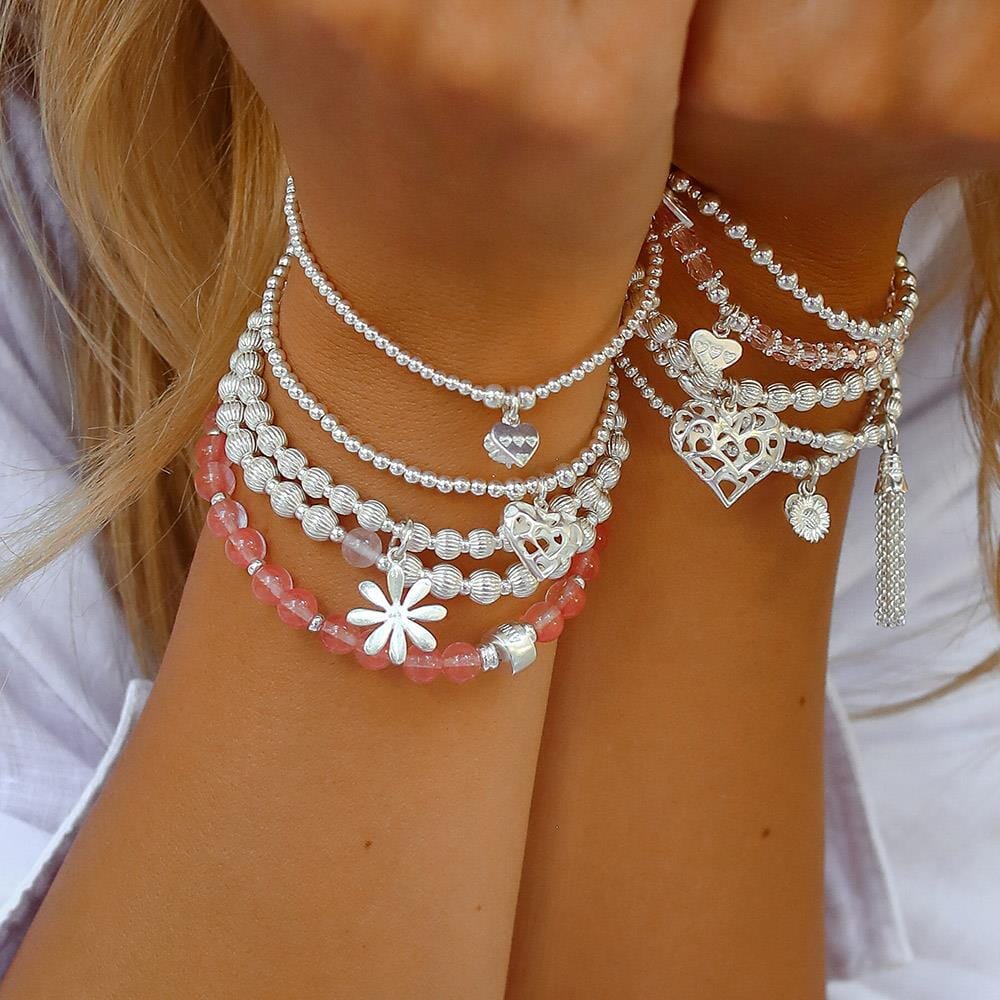 Poppy Silver Charm Bracelet - Rose Quartz