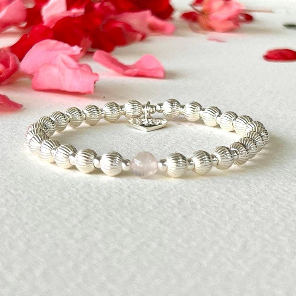 Poppy Silver Charm Bracelet - Rose Quartz