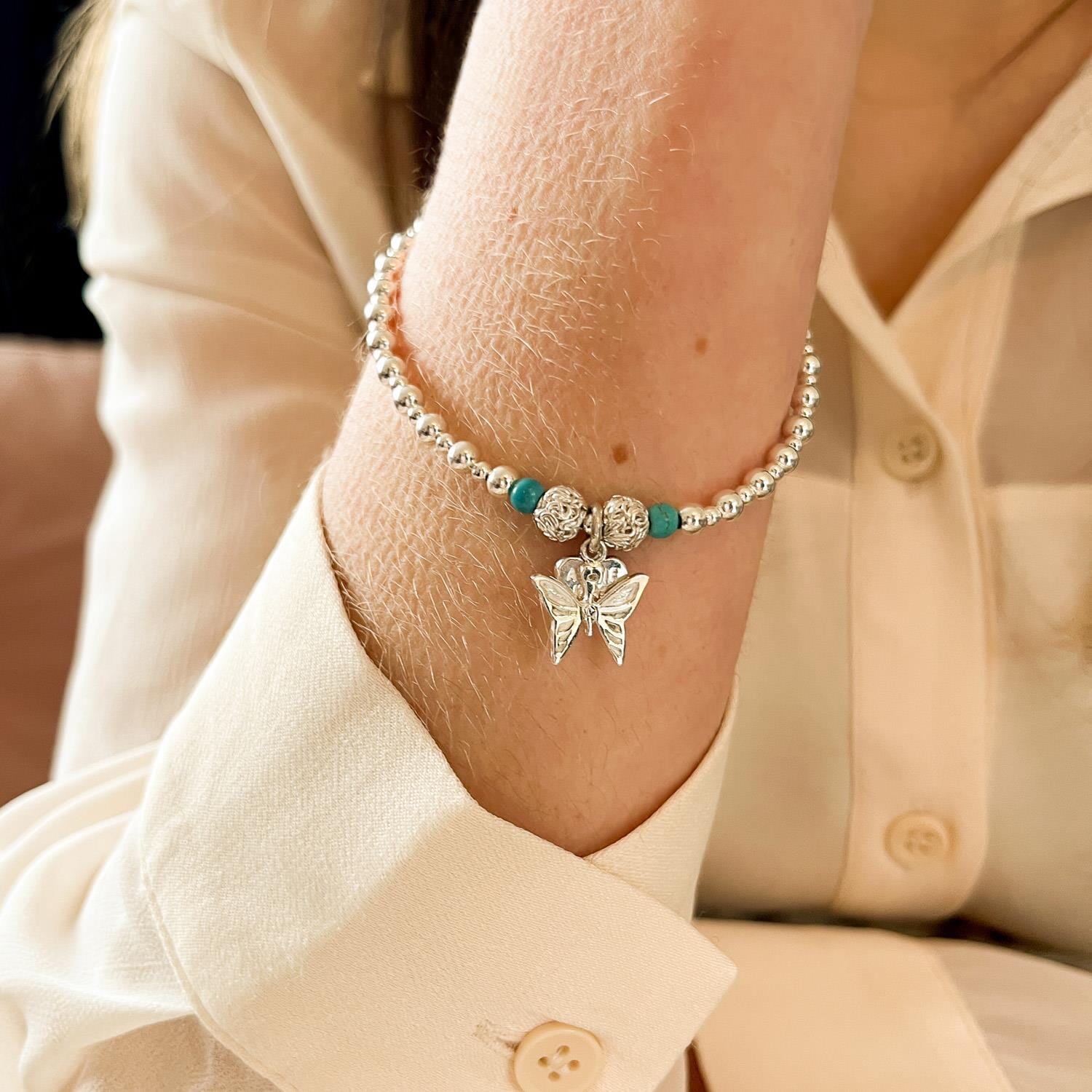 Capri Turquoise Silver Charm Bracelet - Butterfly
