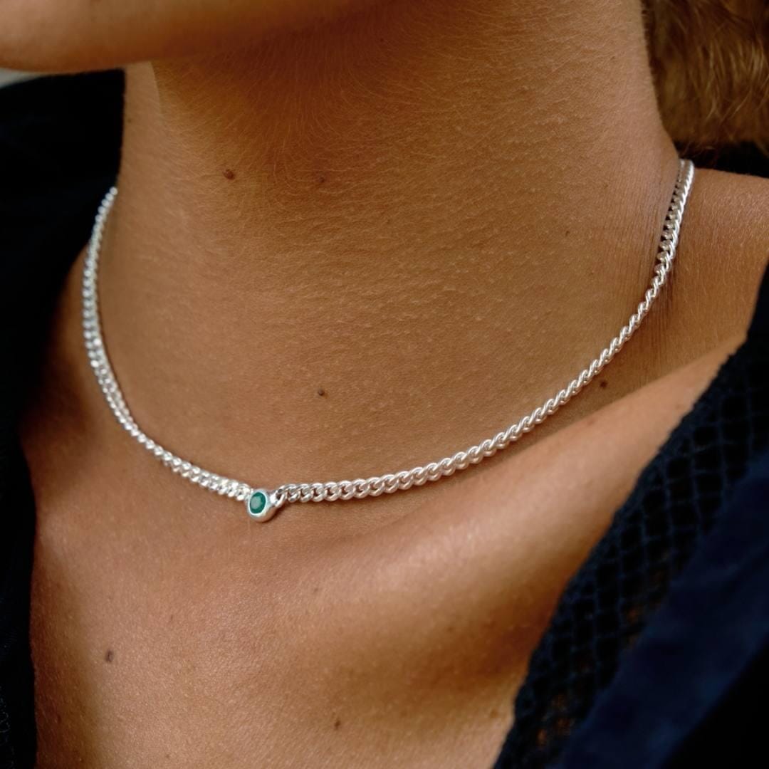 NU & MII Manhattan Silver Chain Necklace - Green Crystal