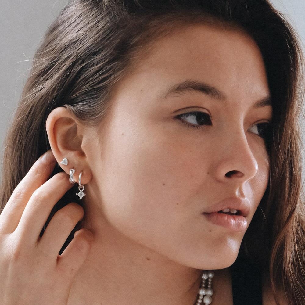 NU & MII Huggy Hoop Square Silver Earrings - Moonstone