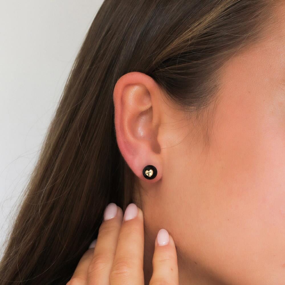 Black Onyx Heart Gold Plated Stud Earrings