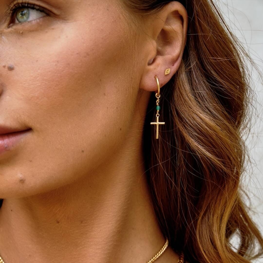 Outlet NU & MII Semi - Precious Cross Gold Hoop Earrings - Green