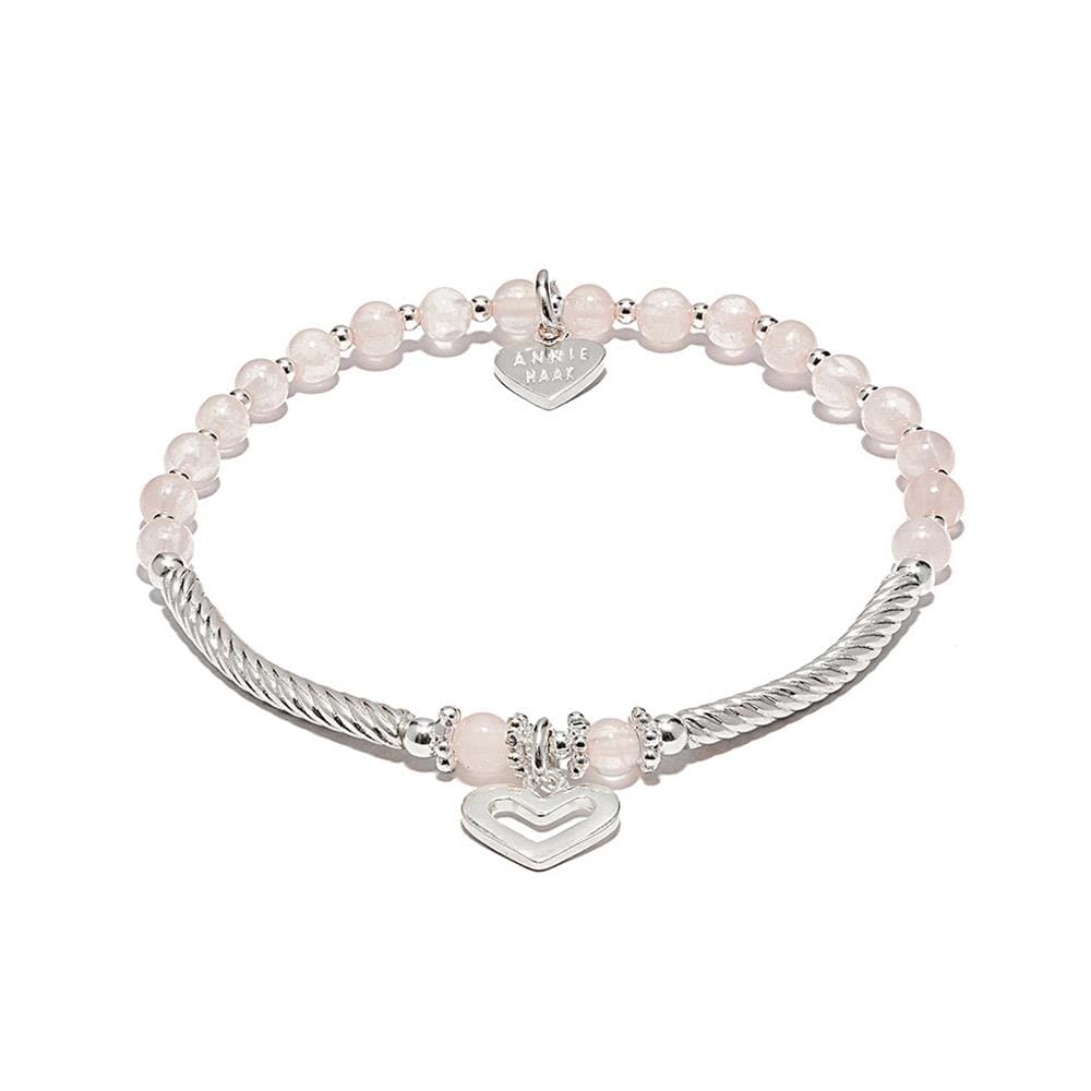 Peony Heart Silver Charm Bracelet - Rose Quartz