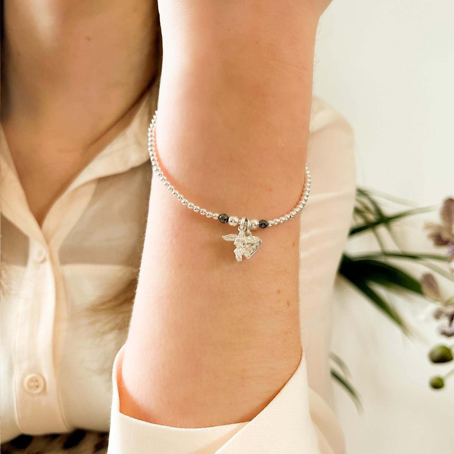 Santorini Hematite Silver Charm Bracelet - Stay Safe & Angel