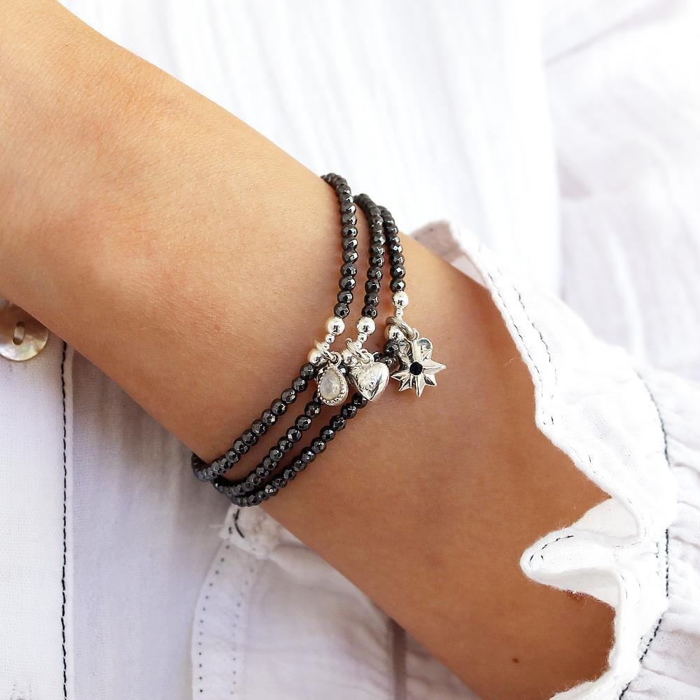 Hematite Santeenie Silver Charm Bracelet - Heart Flower