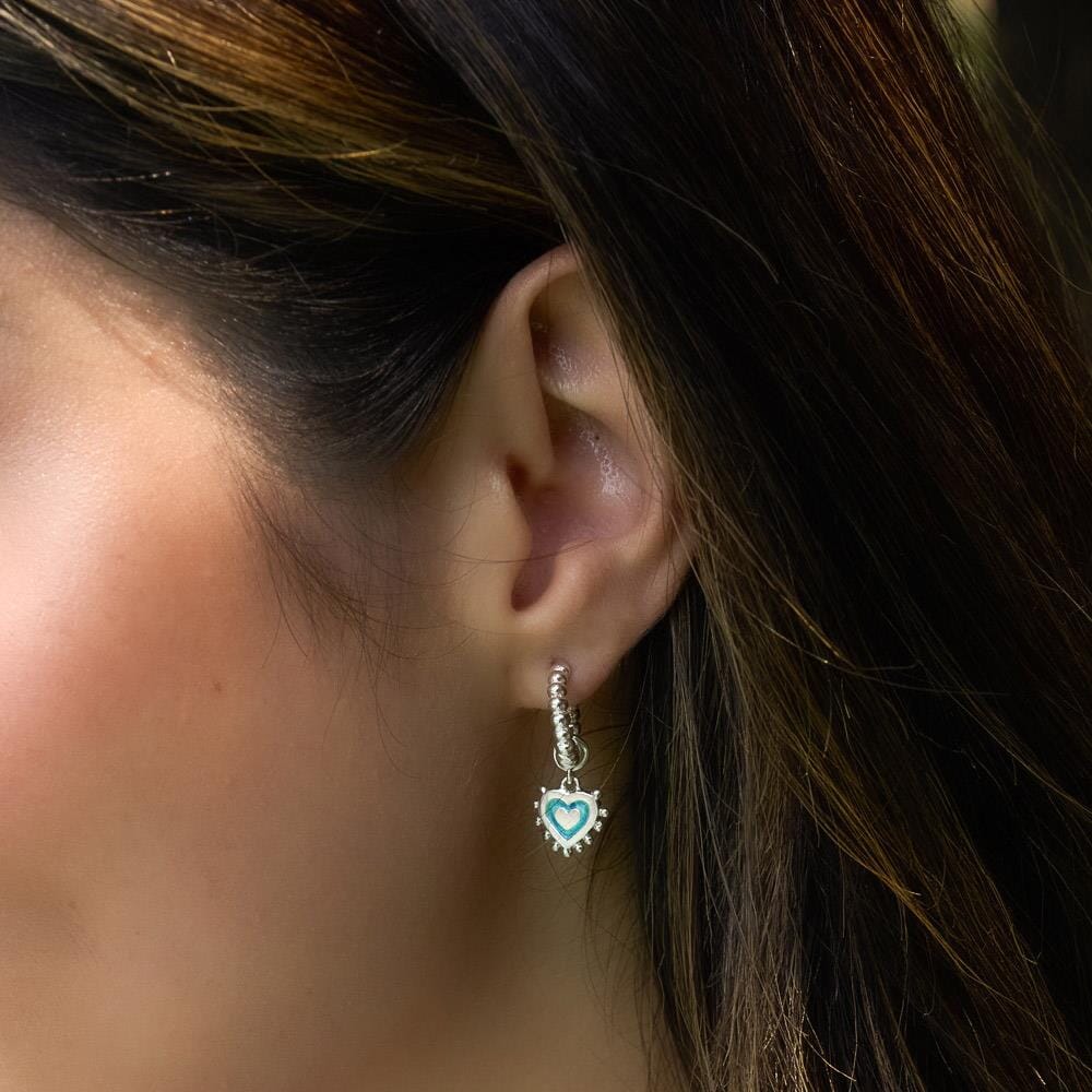 Enamel Heart Silver Hoop Earrings - Turquoise