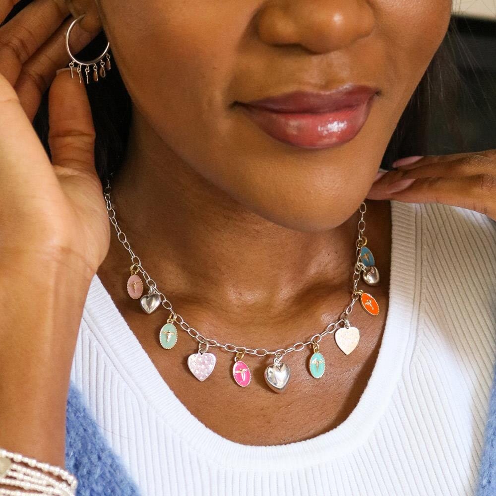 Neon Hearts & Angel Silver Necklace
