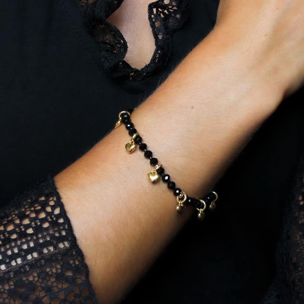 Lady in Black Gold Crystal Bracelet with Solid Hearts Annie Haak