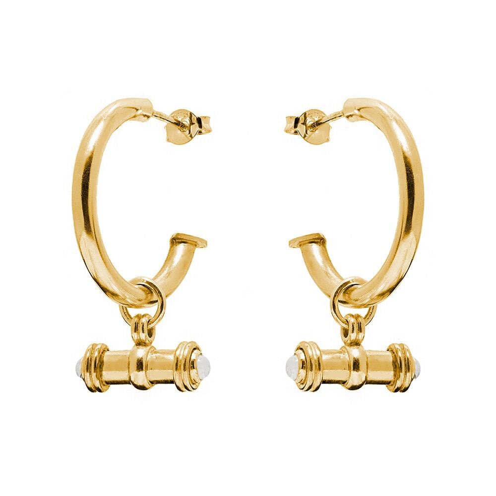 Gold Plated Hoop Earrings with a Solid Bar charm with Moonstone