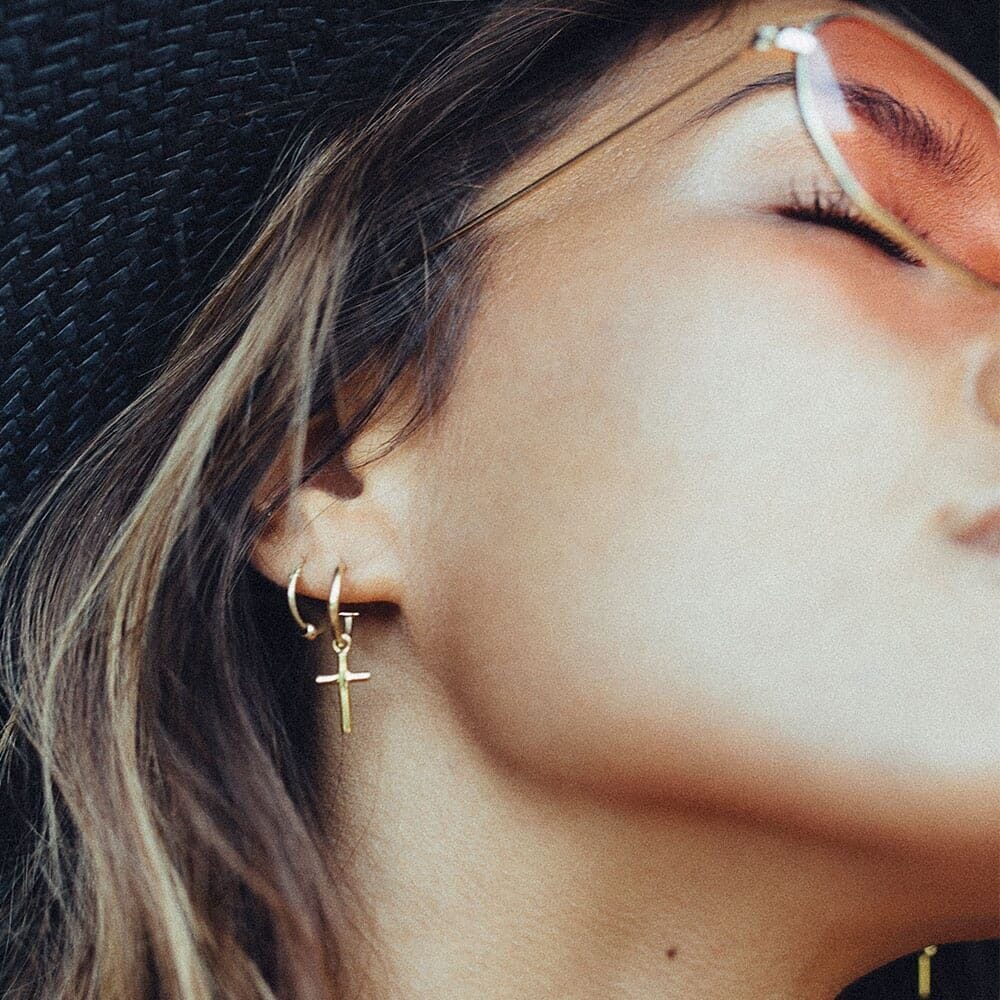 NU & MII Hoop with Cross Gold Plated Earrings