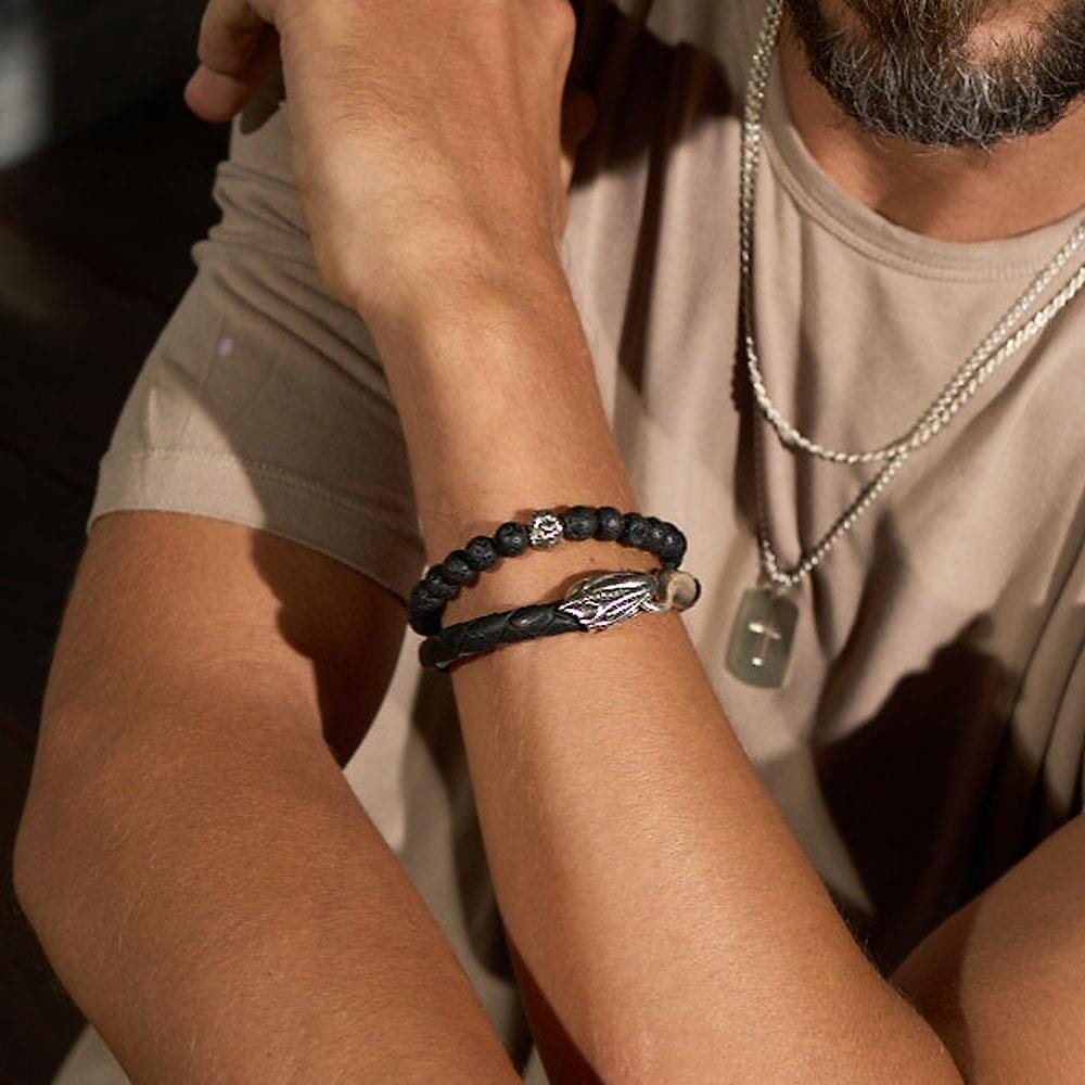 42 Men's Lion Lava Stone Silver Bracelet