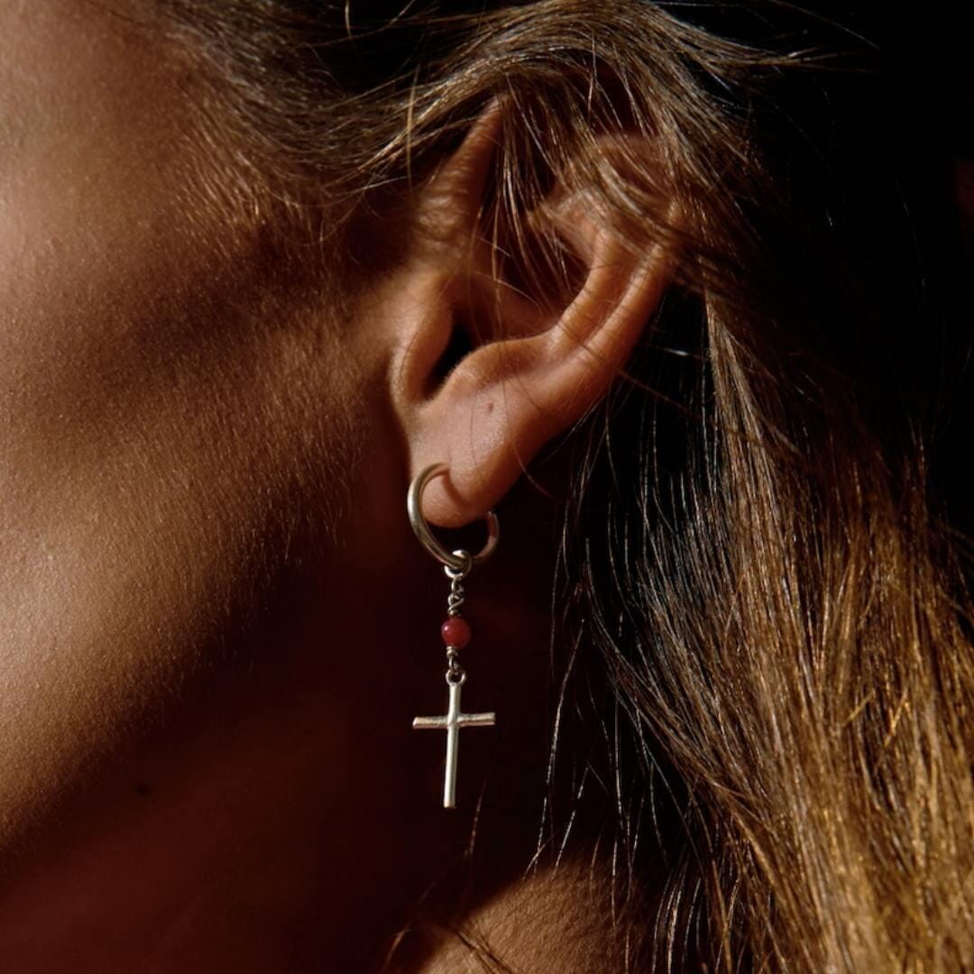 Outlet NU & MII Semi - Precious Cross Silver Hoop Earrings - Red