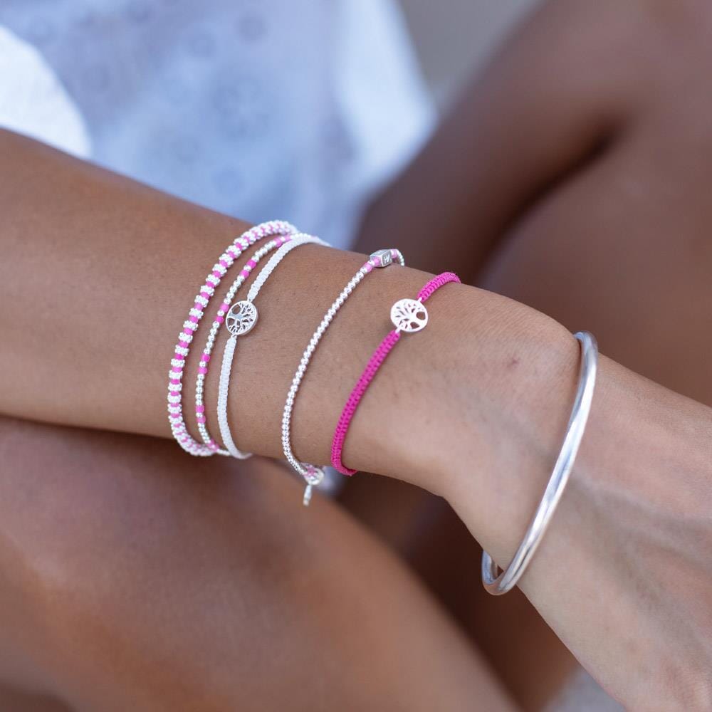 Daisy Chain Silver Bracelet - Neon Pink