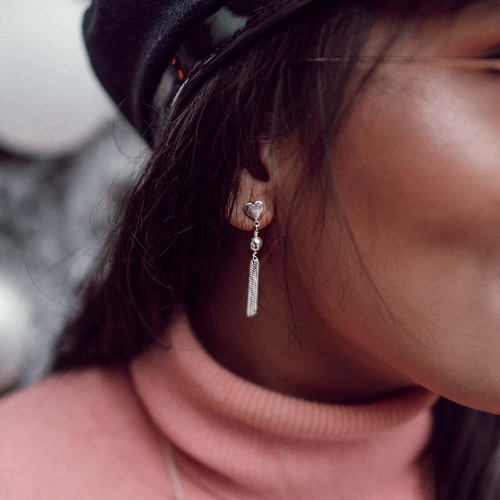 Heart Tassel Silver Earrings