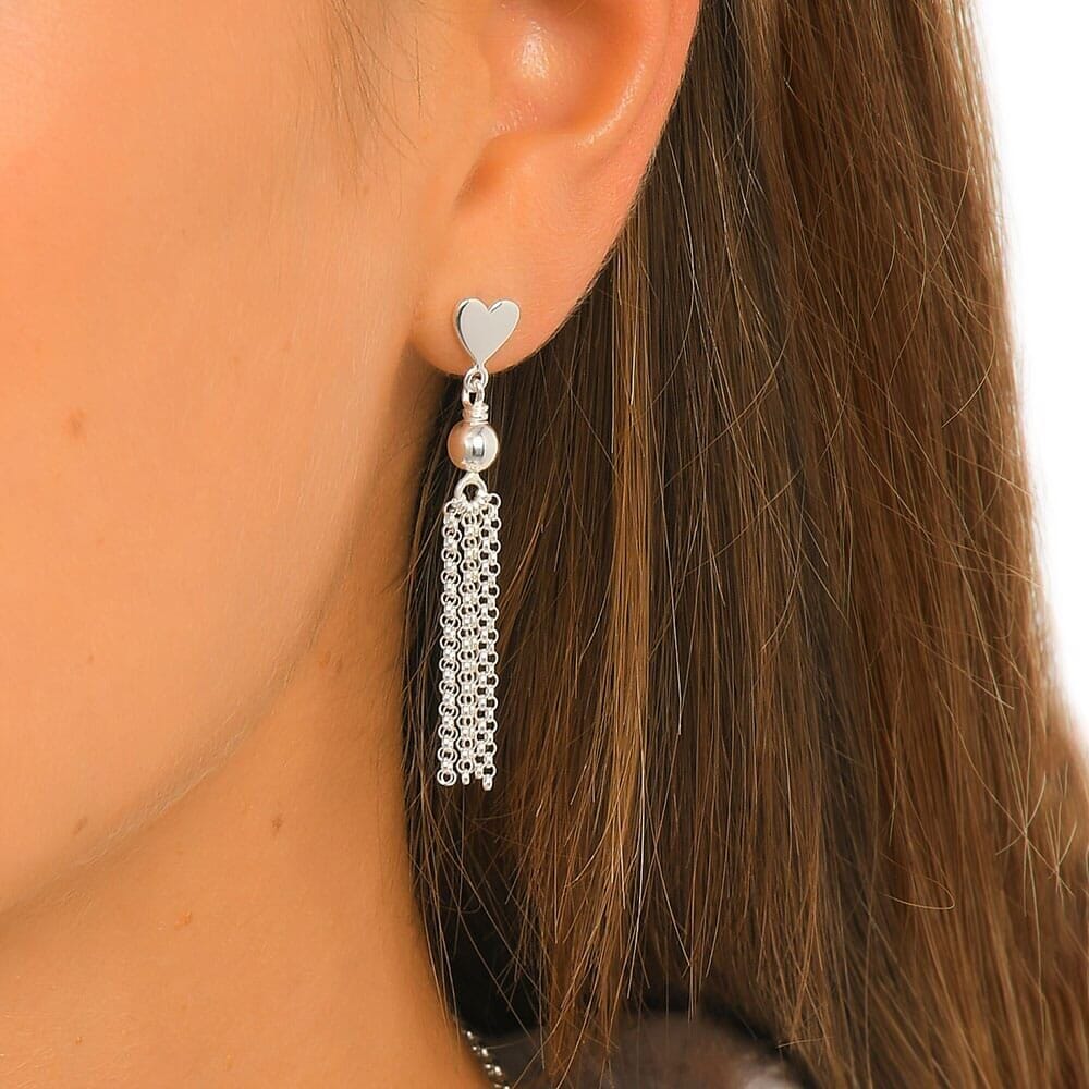 Heart Tassel Silver Earrings