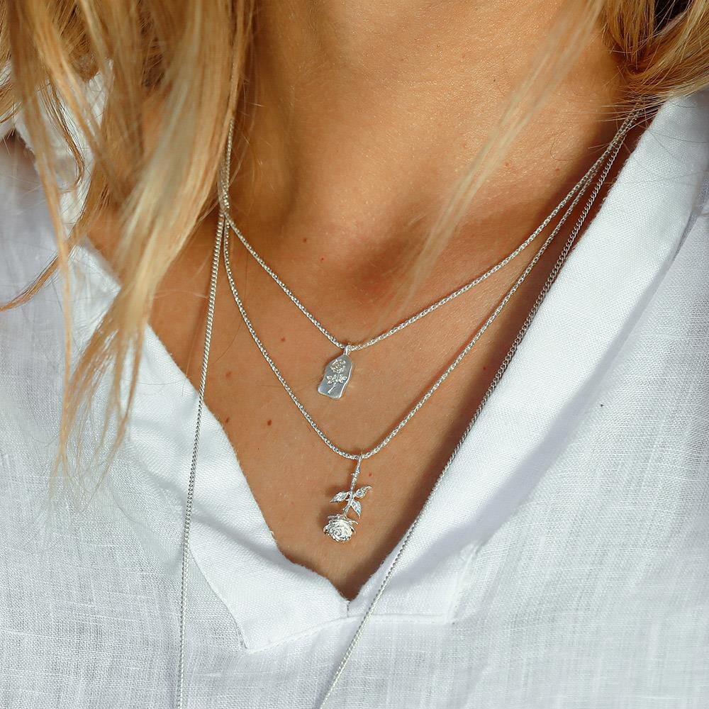 Engraved Rose Pendant Silver Necklace