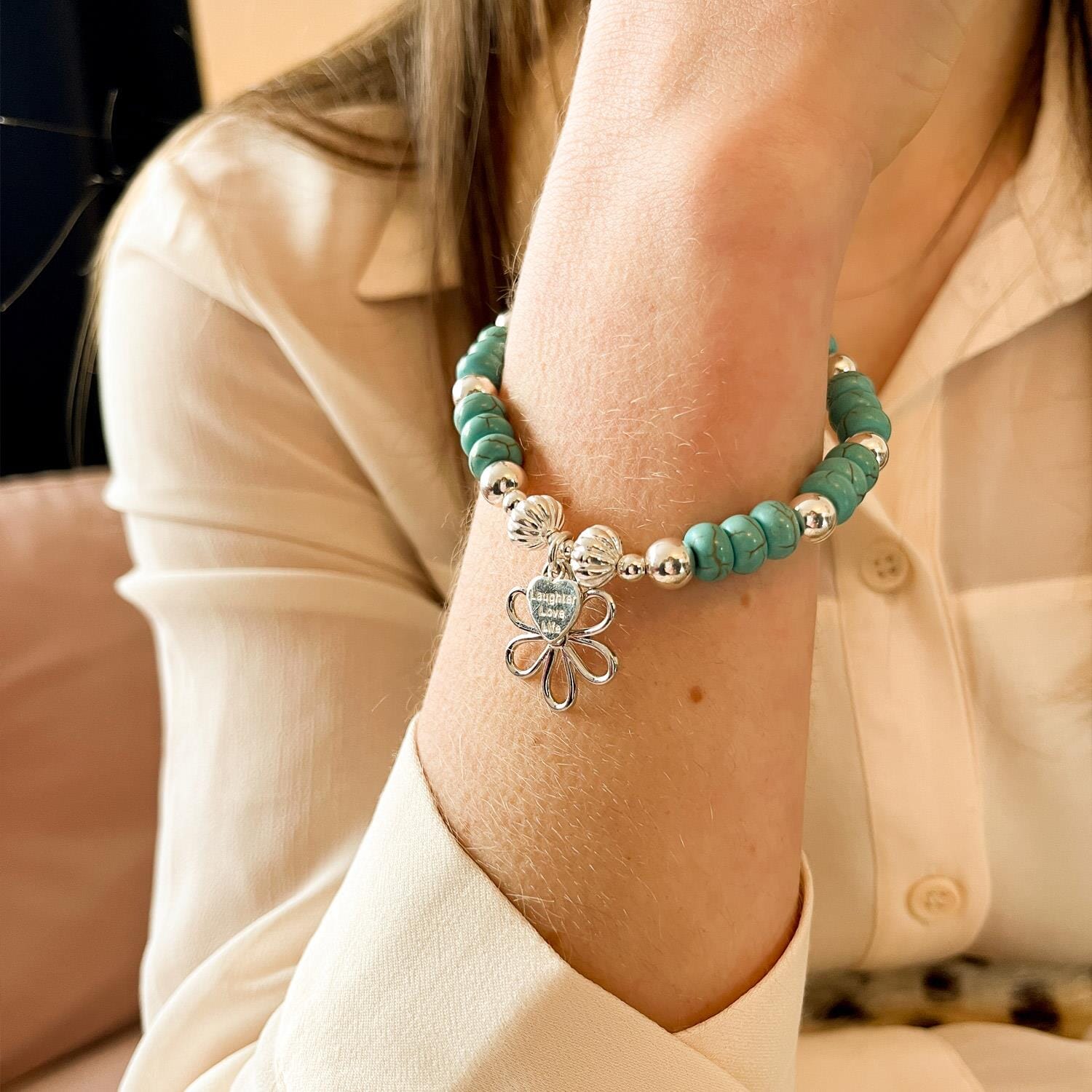 Capri Turquoise Silver Charm Bracelet - Flower