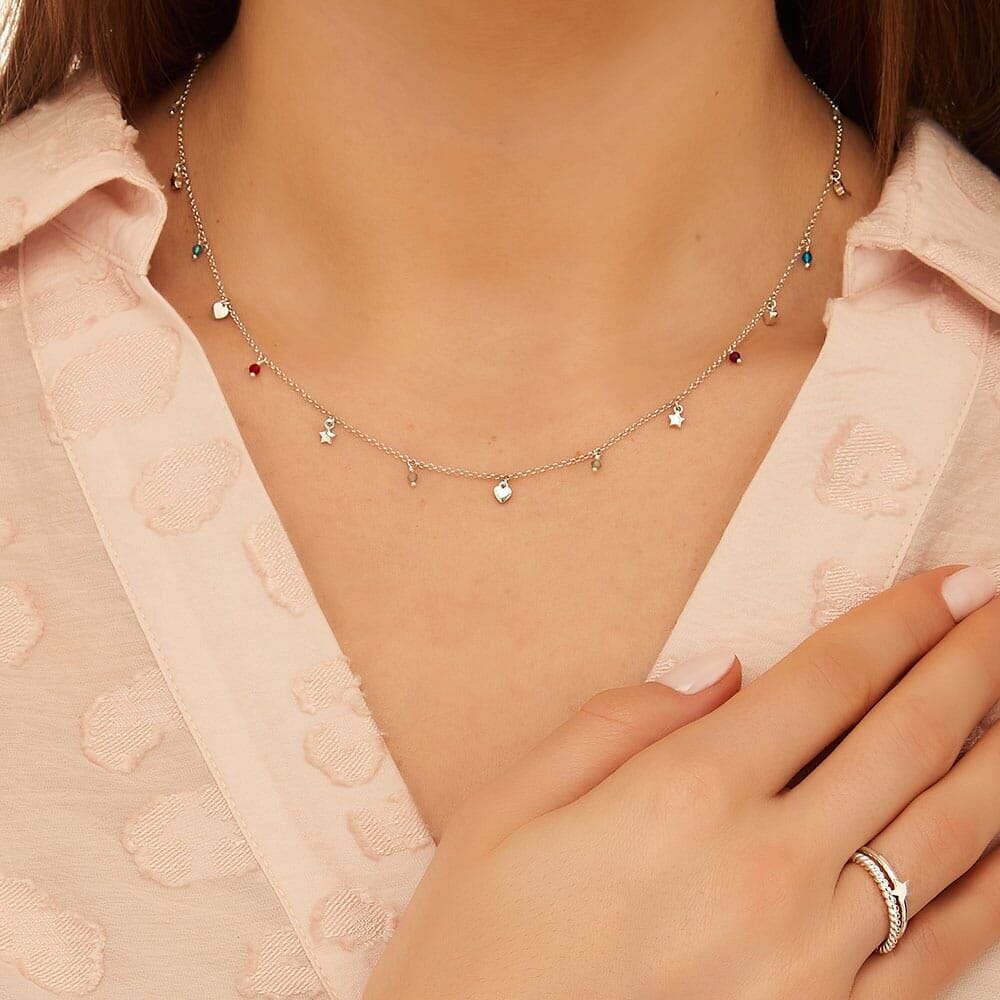 Dainty Heart and Star Gem Silver Necklace