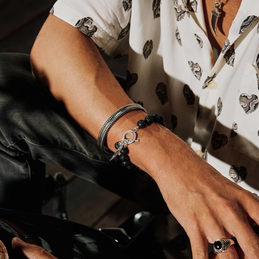 42 Men's Lava Bead Silver Bracelet - Angel Wing