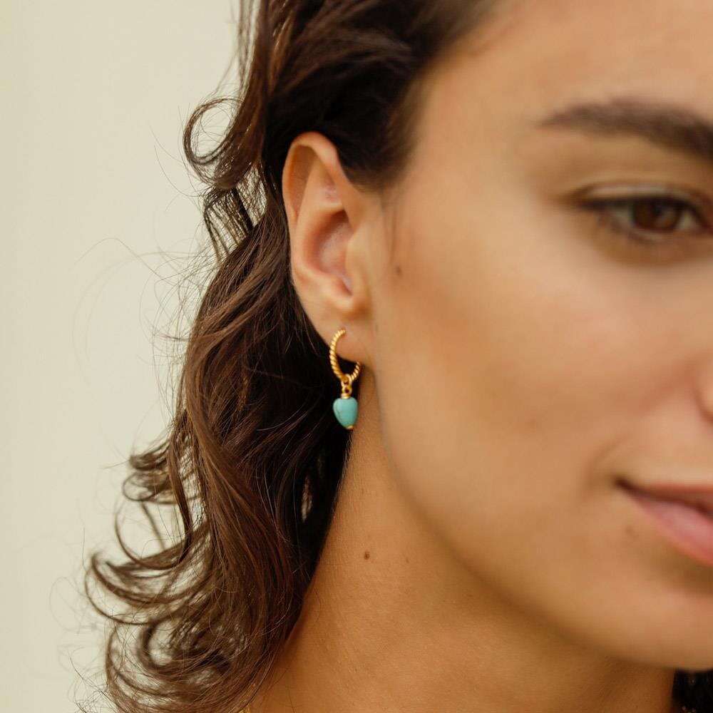 Turquoise Heart Hoop Gold Earrings