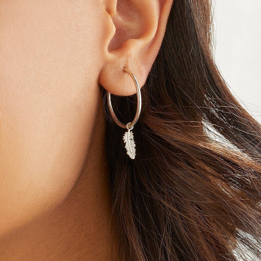 Feather Hoop Silver Earrings - Main Image