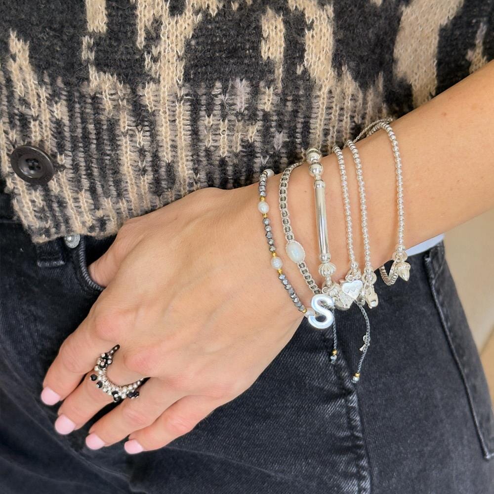 Freshwater Pearl and Silver Thread Bracelet - Charcoal