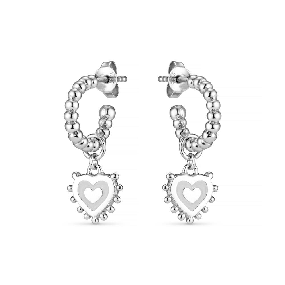 Enamel Heart Silver Hoop Earrings - White