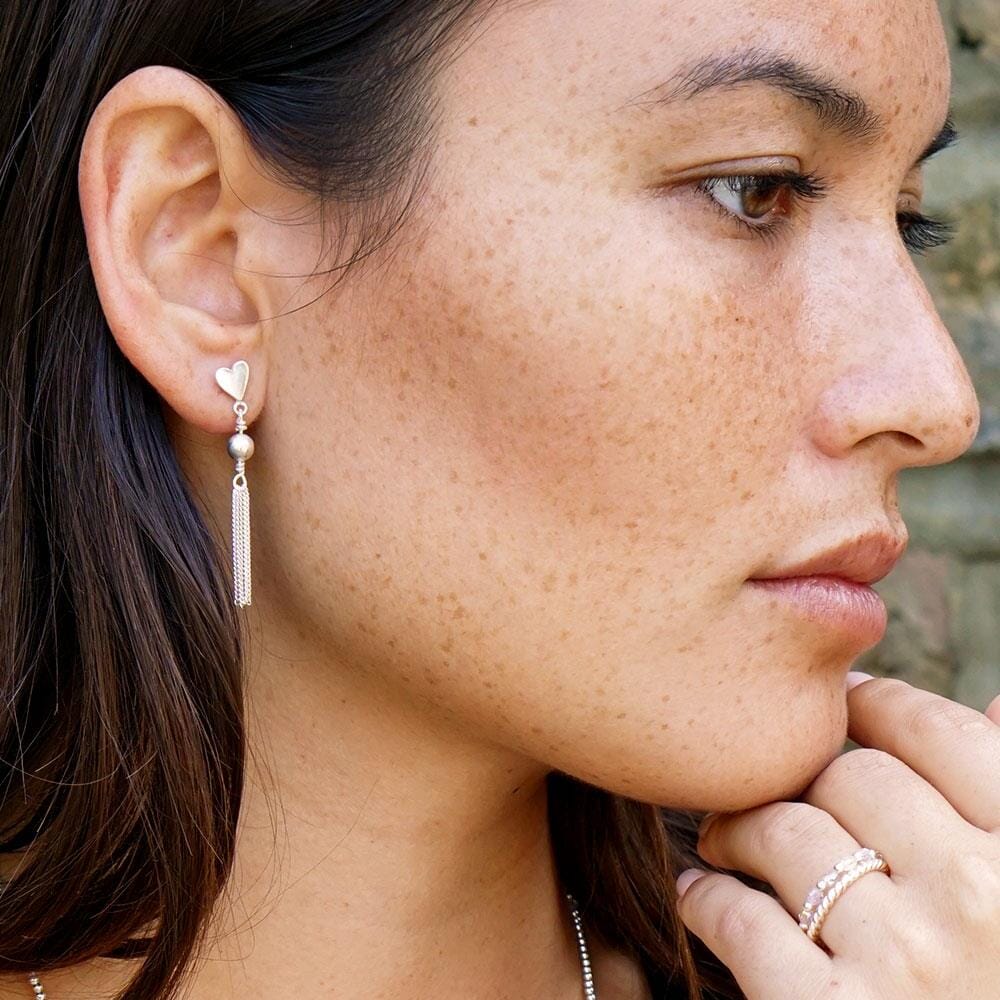 Heart Tassel Silver Earrings