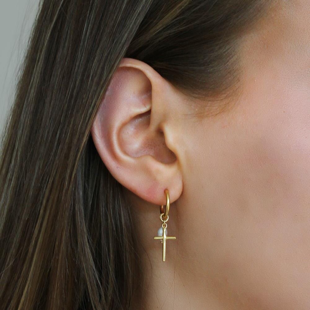 Outlet NU & MII Pearl & Cross Hoop Gold Plated Earrings