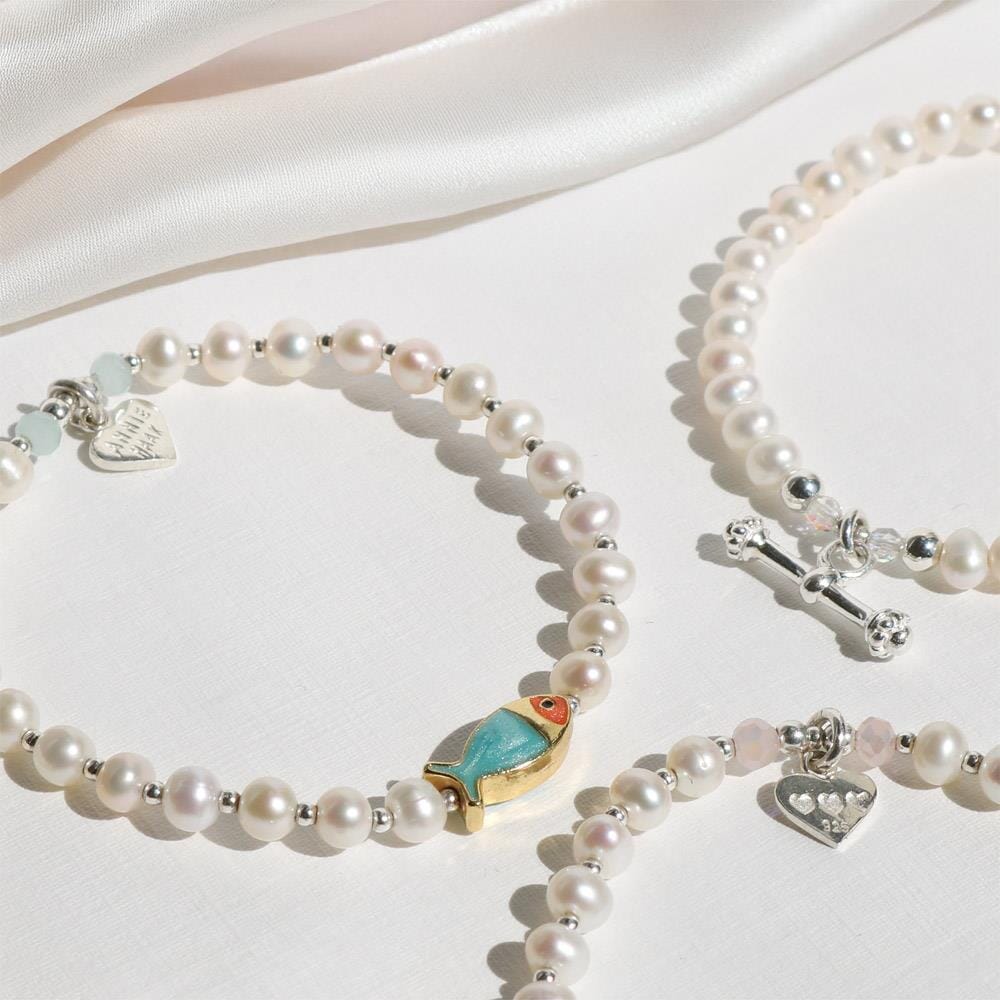 Pisces Fish Blue  Pearl Bracelet - Mixed Metals