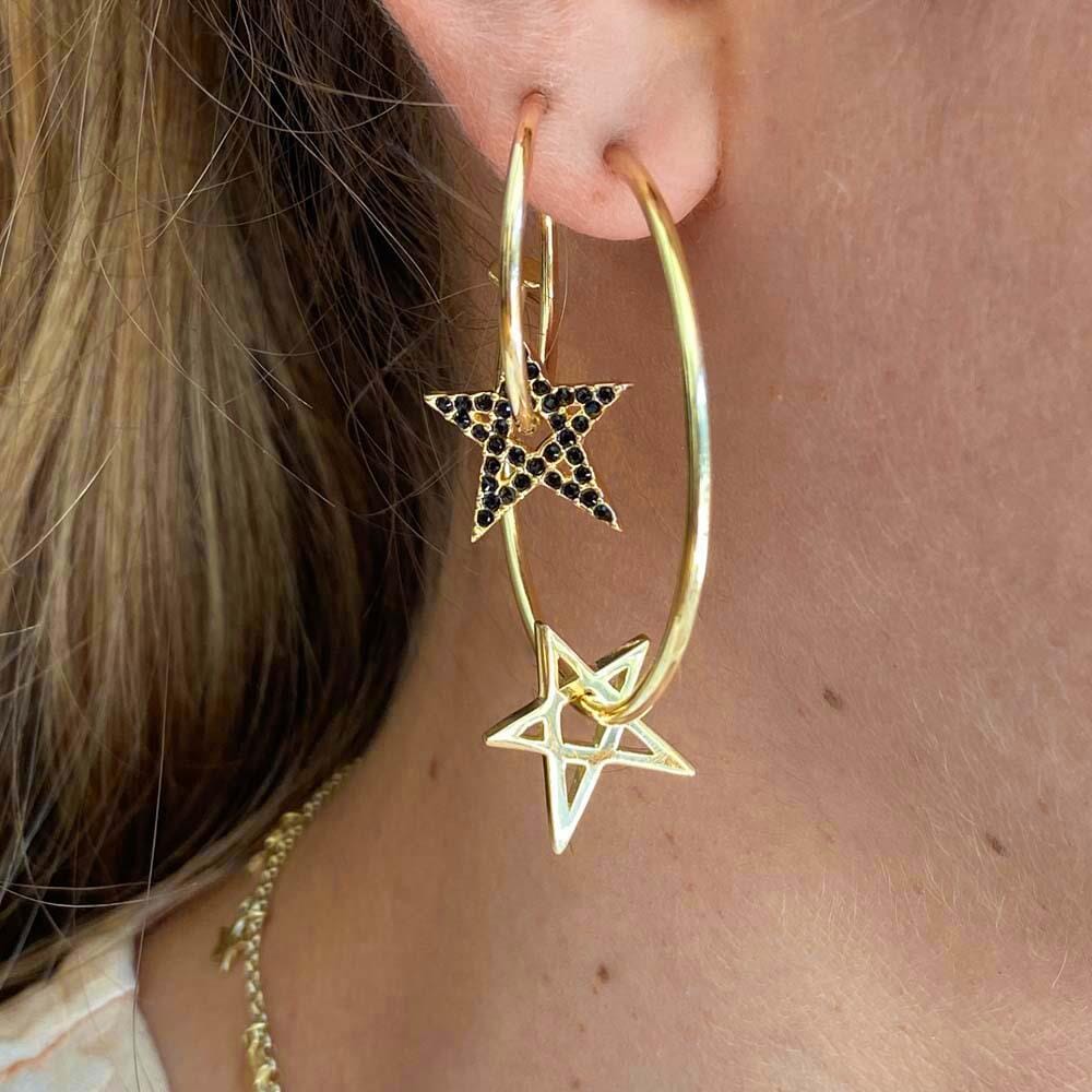 Outlet Black Crystal Star Hoop Gold Earrings