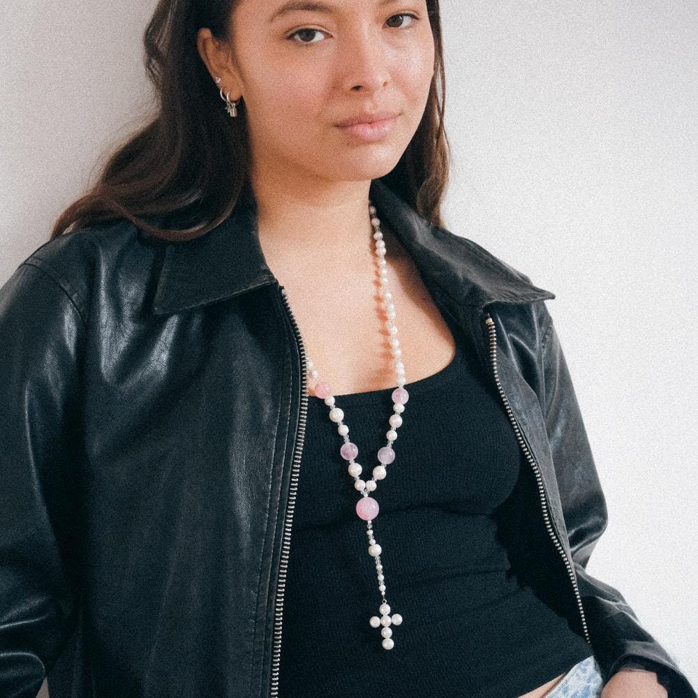 NU & MII Margot Cross Pearl Necklace - Rose Quartz