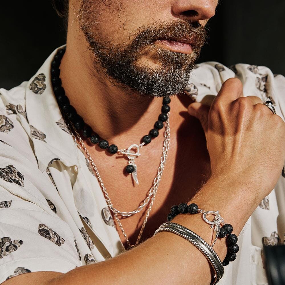 42 Men's Lava Bead Silver Bracelet - Angel Wing