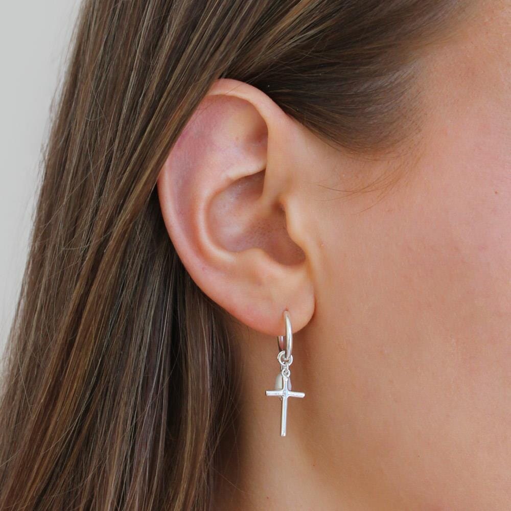 Outlet NU & MII Pearl & Cross Hoop Silver Earrings