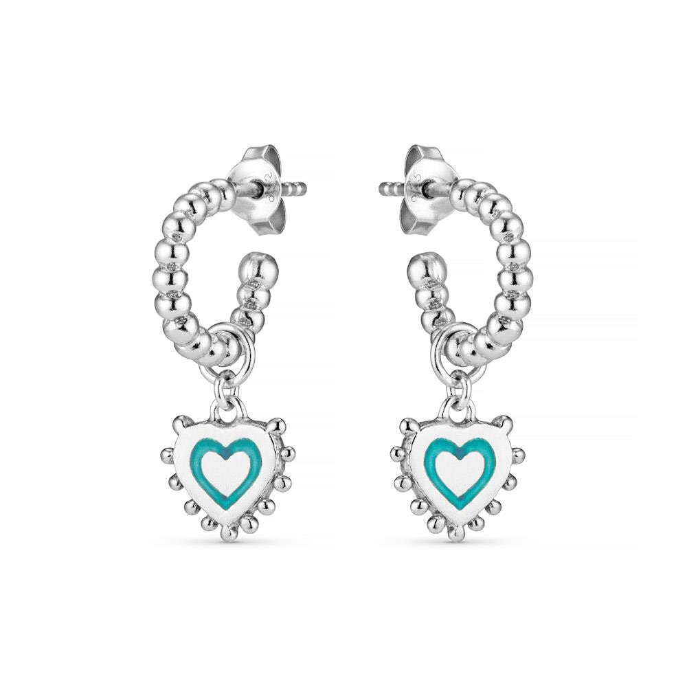 Enamel Heart Silver Hoop Earrings - Turquoise