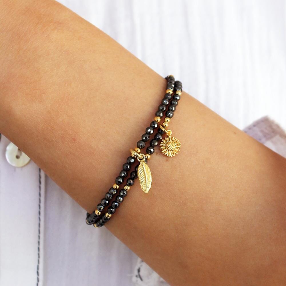 Outlet Hematite Gold Plated Charm Bracelet - Sunflower