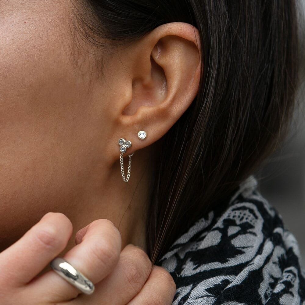 NU & MII Crystal Trio Chain Stud Silver Earrings