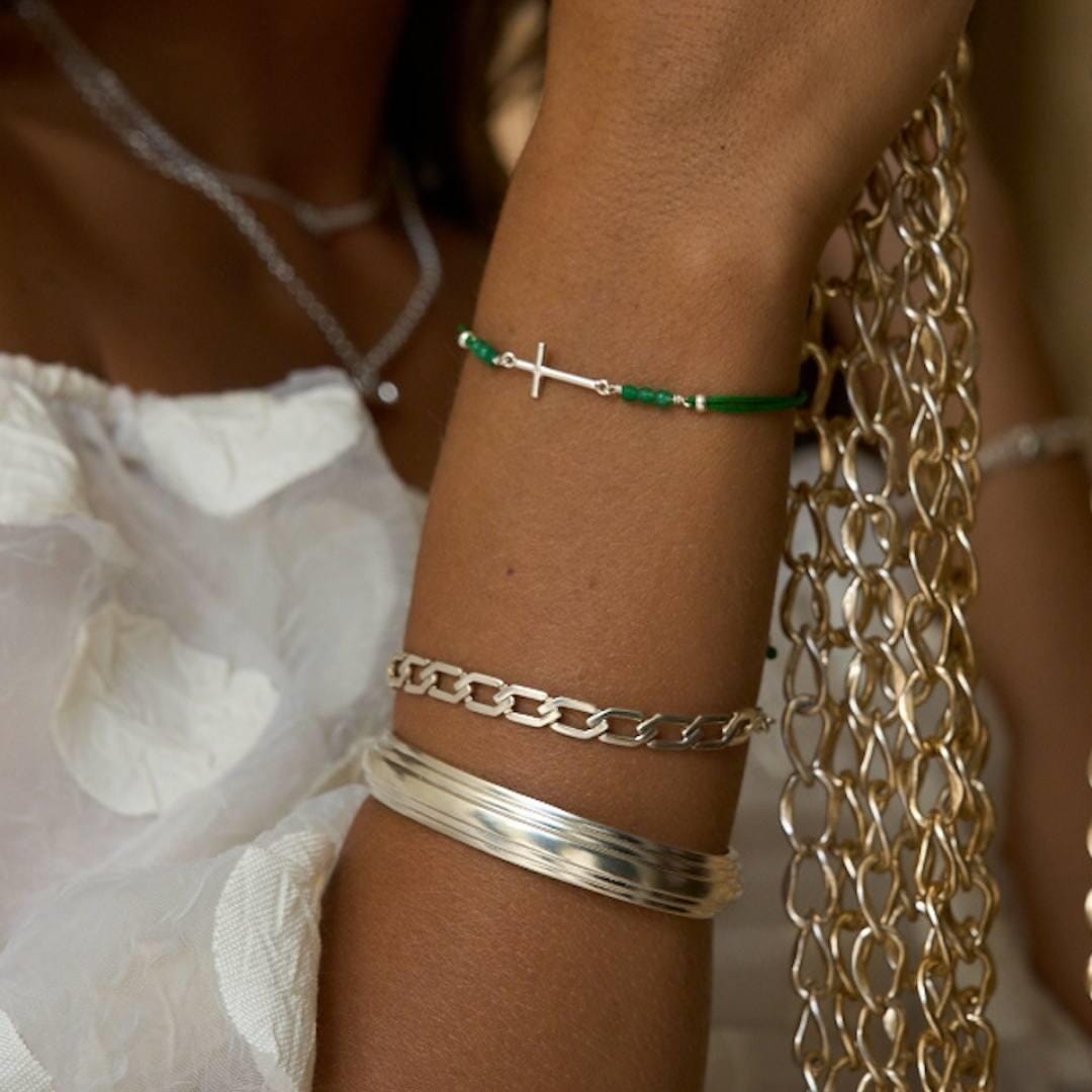 Outlet NU & MII Semi - Precious Cross Friendship Silver Bracelet - Green
