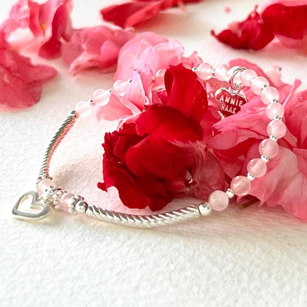 Peony Heart Silver Charm Bracelet - Rose Quartz