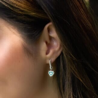 Enamel Heart Silver Hoop Earrings - Turquoise