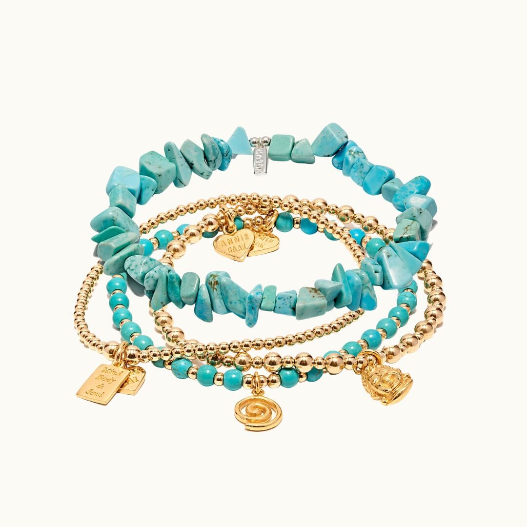 Be fearlessly authentic in our all new bold and striking Turquoise Magnesite Bracelet, paired with the Gold Vitality Stack.
