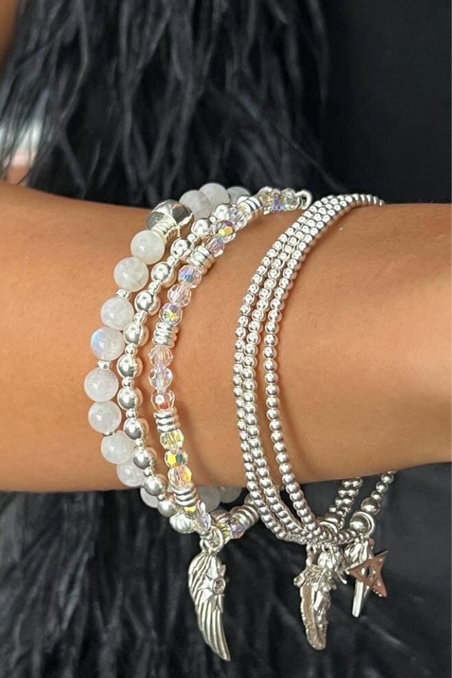 This wondrous stackable bracelet is handcrafted using genuine Moonstone gemstone beads.