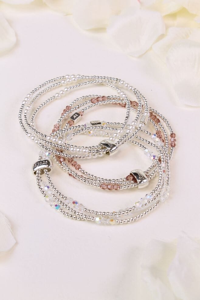 Beautiful and stackable 925 Sterling Silver and Preciosa pearl and crystal looped bracelets with optional engraving.