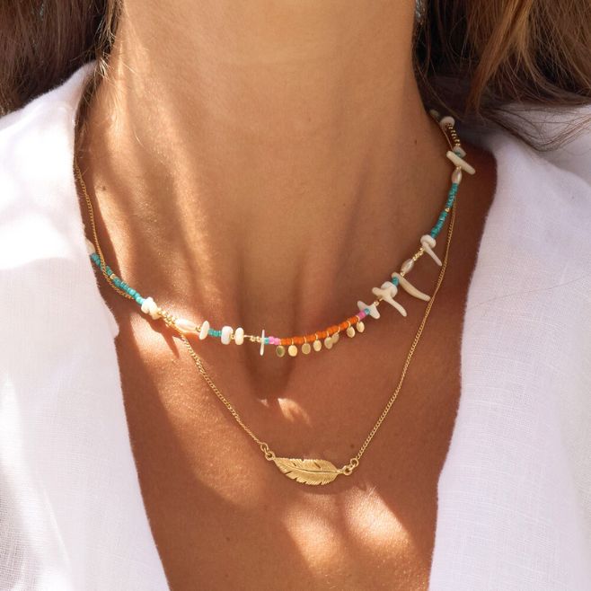 A gold plated 925 Sterling Silver necklace featuring a sideways feather charm.