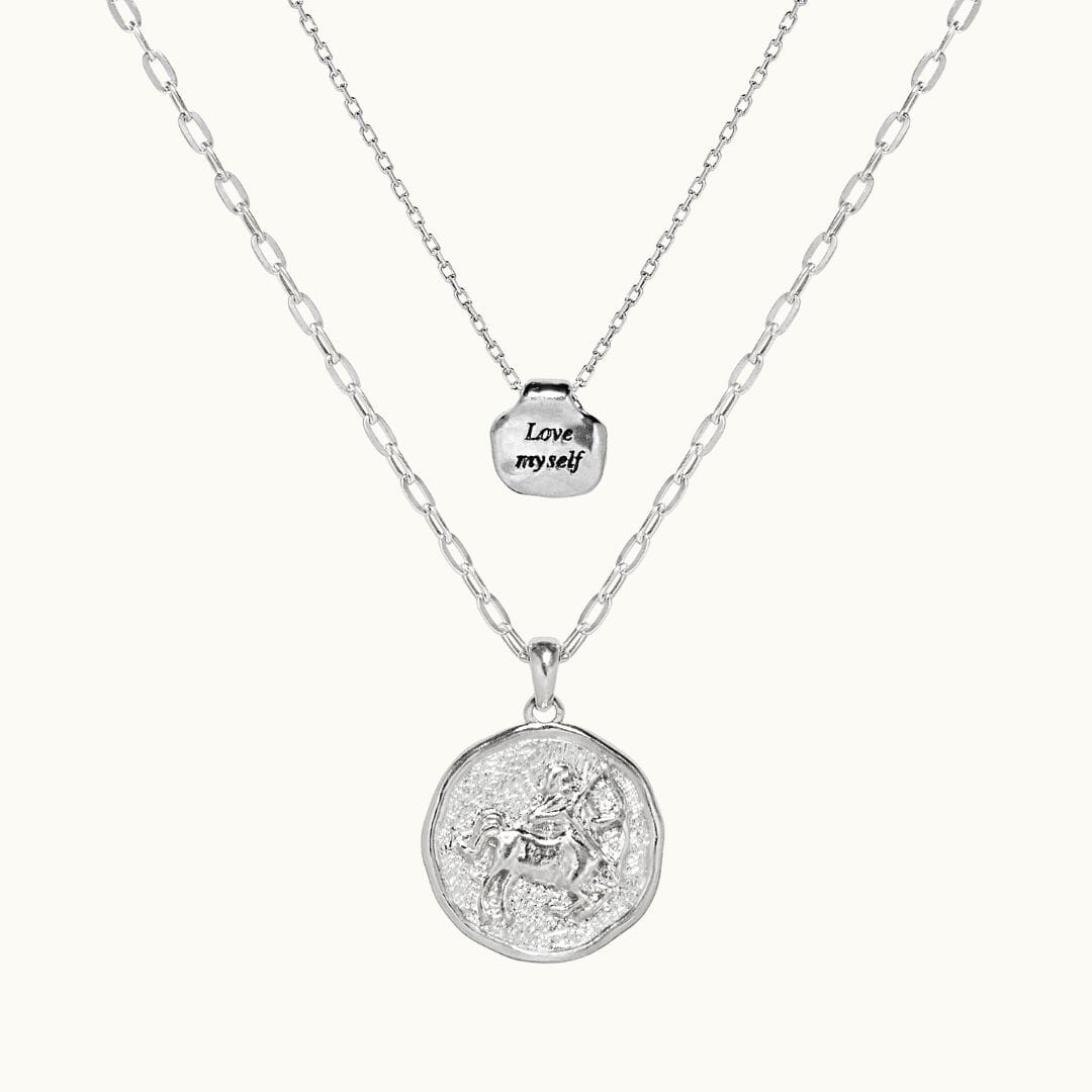 Pairing our Silver Positive Affirmation necklace with NU & MII's Zodiac pendant necklace for a personalised stack.